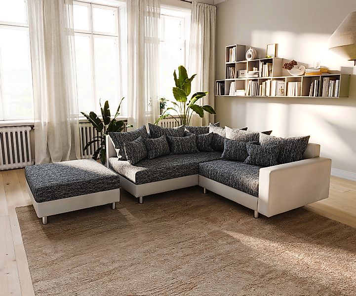 Ecksofa Clovis Weiss Schwarz modular Armlehne Hocker Ottomane Links günstig online kaufen
