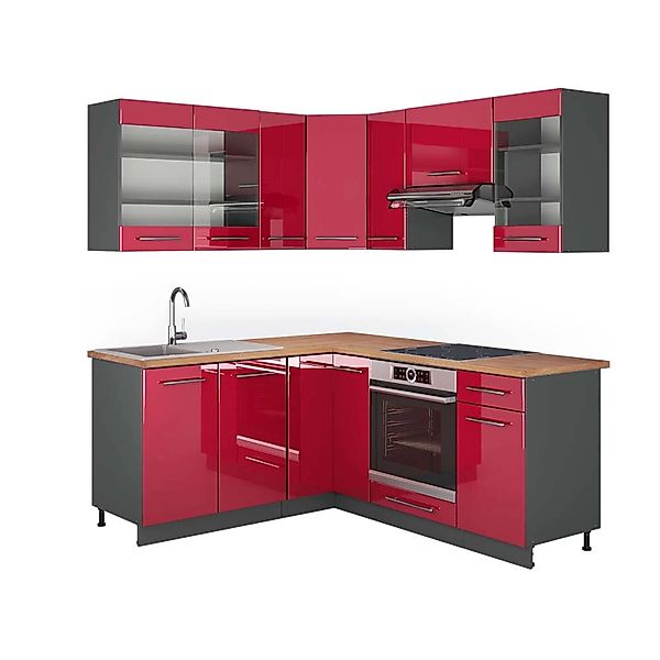 Vicco Fame-Line Eckküche Bordeaux Hochglanz/Anthrazit 160 x 190 cm AP Eiche günstig online kaufen