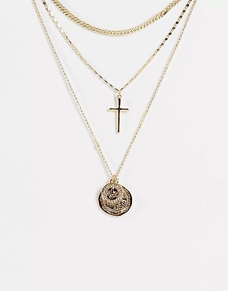 Topshop – Mehrreihige Halskette mit Kreuz- und Münzanhänger in Gold-Goldfar günstig online kaufen