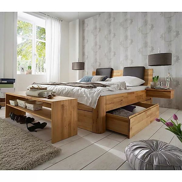 Schlafzimmerset modern Holz in Kernbuchefarben Bettkasten (vierteilig) günstig online kaufen