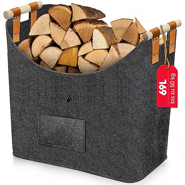 Evocamp Kaminholzkorb Filz Dunkelgrau mit Holzgriffen 44 x 44 x 30 cm günstig online kaufen