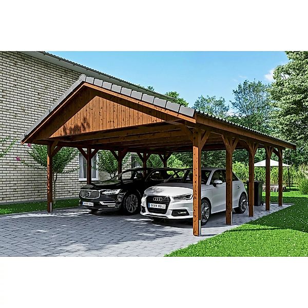 Satteldach-Carport Wallgau Nussbaum 620 x 750 cm Dachlattung günstig online kaufen