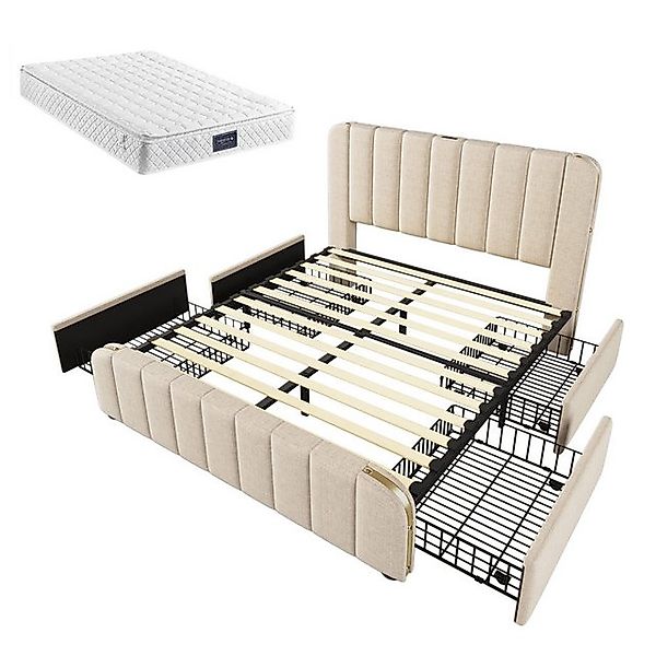 Gotagee Polsterbett Jugendbett Doppeltes 140x200cm USB Typ-C Beige Leinen M günstig online kaufen