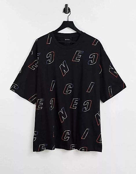 Nicce – T-Shirt in Schwarz mit durchgehendem Print günstig online kaufen