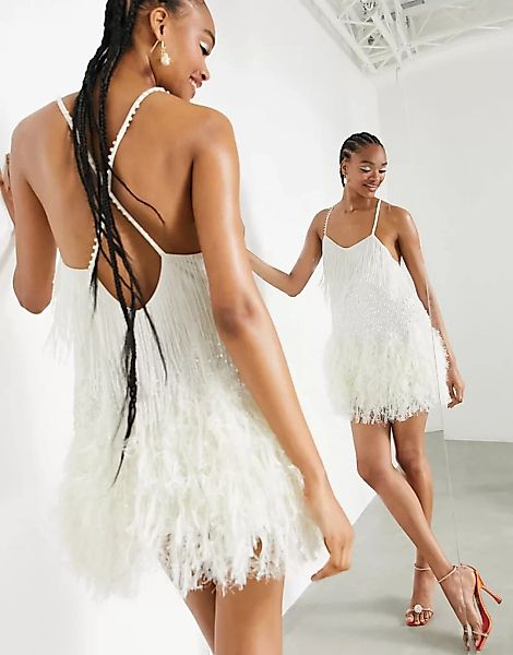 ASOS EDITION – Perlenverziertes Camisole-Kleid mit Kunstfedern am Saum-Weiß günstig online kaufen