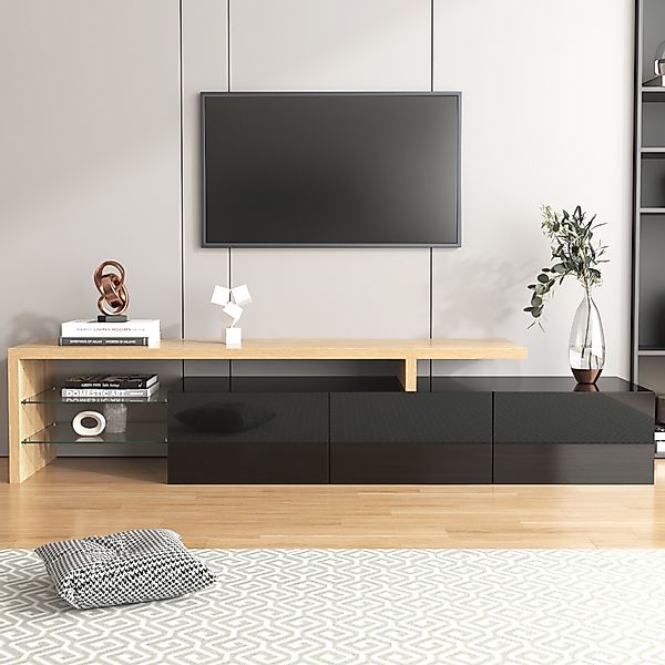 Fernsehschrank Modern Hochglanz Schwarz 197cm TV-Schrank mit Glasfach LED B günstig online kaufen