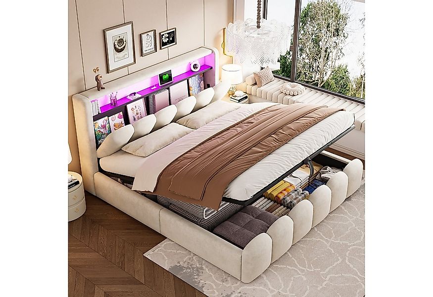Flieks Polsterbett, LED Hydraulisches Stauraumbett 180x200cm Blütenblattdes günstig online kaufen