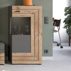 Wohnzimmer Schrank mit Glastür Wildeichefarben und Grau günstig online kaufen