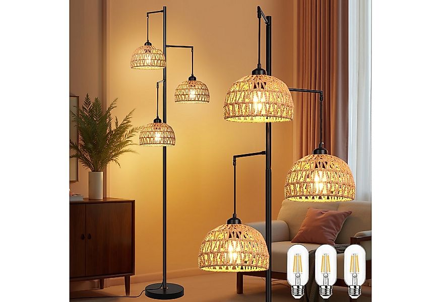 MUPOO Stehlampe LED Stehlampe,Rattan Boho LED Stehleuchten mit 3 Glühbirnen günstig online kaufen