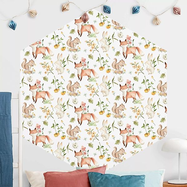 Hexagon Mustertapete Aquarell Waldtiere Fuchs und Hase günstig online kaufen