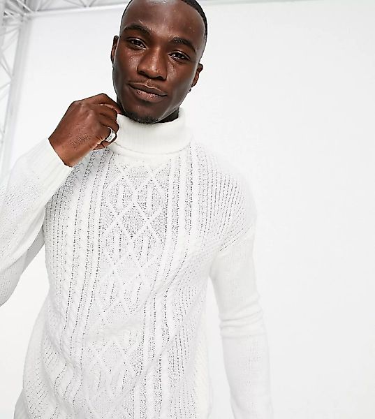 Another Influence Tall – Pullover in Weiß mit Zopfmuster und Stehkragen günstig online kaufen