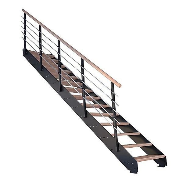 Treppe Kos 16 Stufen Eiche Natur 85 cm Metallgeländer Schwarz FSC® günstig online kaufen