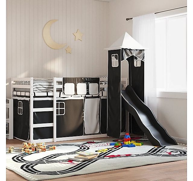vidaXL Bett, Etagenbett mit Rutsche und Gardinen Weiß und Schwarz 90x190 cm günstig online kaufen