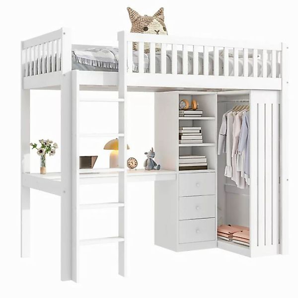 TavilaEcon Hochbett Kinderbett mit Schreibtisch, Kleiderschrank, 3 Schublad günstig online kaufen