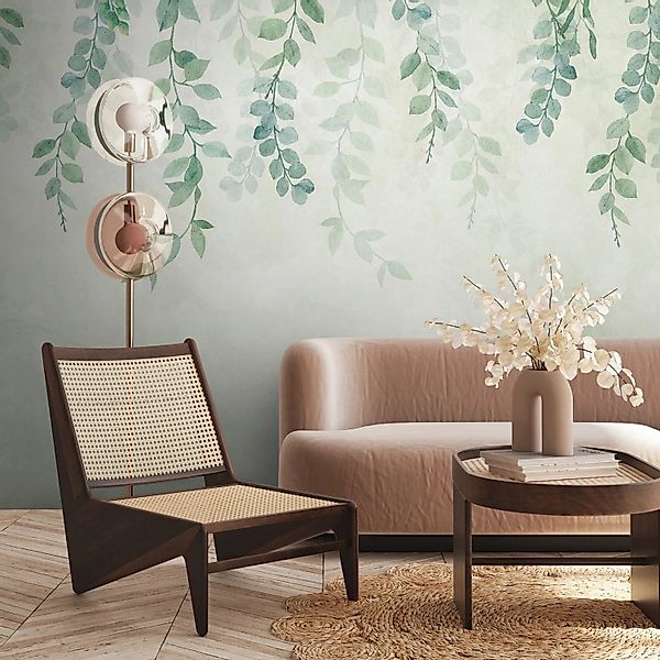PROFHOME 399071-GU Fototapete Floral Matt Grün Blau Creme-Weiß 3,71 m x 2,8 günstig online kaufen