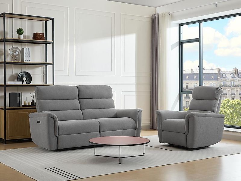 Relaxsofa 3-Sitzer & Relaxsessel elektrisch - Stoff - Grau - CARTASIA günstig online kaufen
