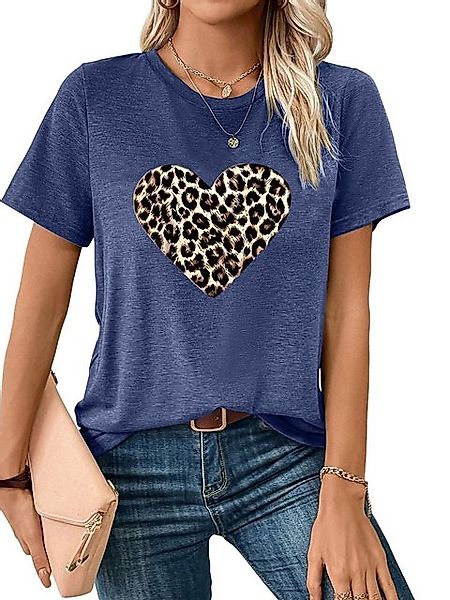 PYL Kurzarmshirt Damen Sommer Kurzarmbluse Locker Leopardenherz Print-Shirt günstig online kaufen