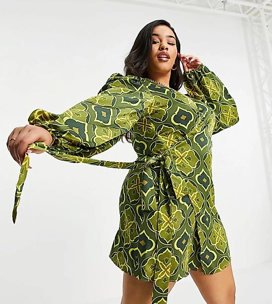 Never Fully Dressed Plus – Exclusive – Mini-Wickelkleid in Grün mit Bindede günstig online kaufen