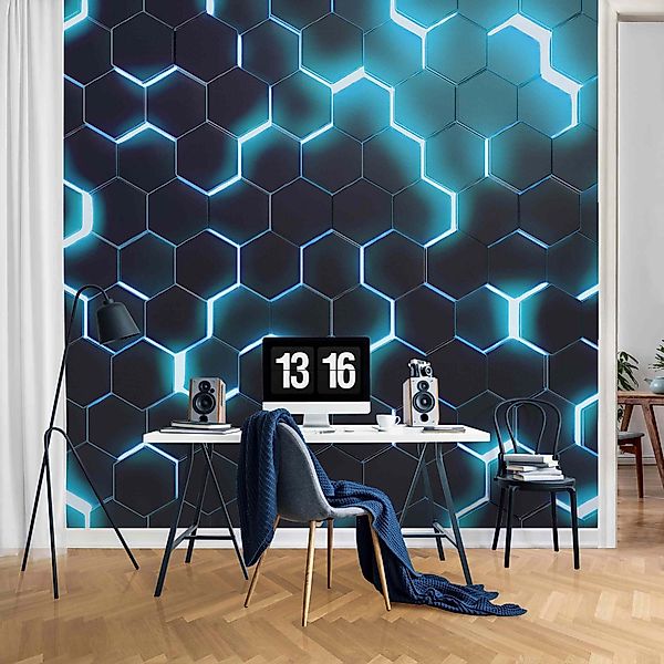 Bilderdepot24 Mustertapete Hexagone Neonlicht Türkis 3D-Optik günstig online kaufen