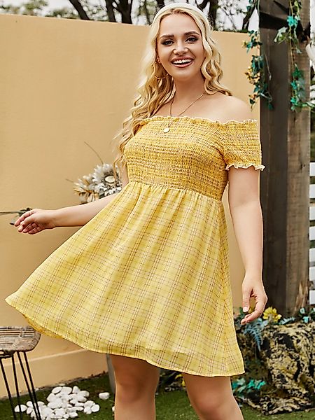 YOINS Plus Größe schulterfrei kariertes Kräuseln mit kurzen Ärmeln Kleid günstig online kaufen