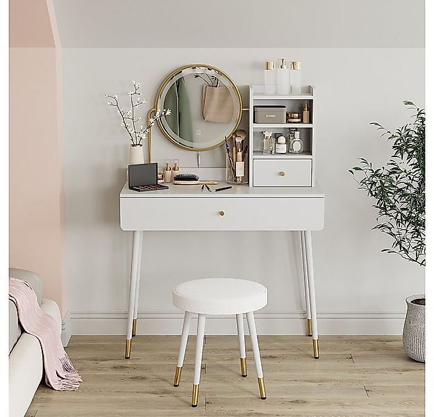 Vicco Schminktisch Mirela, Weiß, 90 cm mit LED-Spiegel und Hocker günstig online kaufen