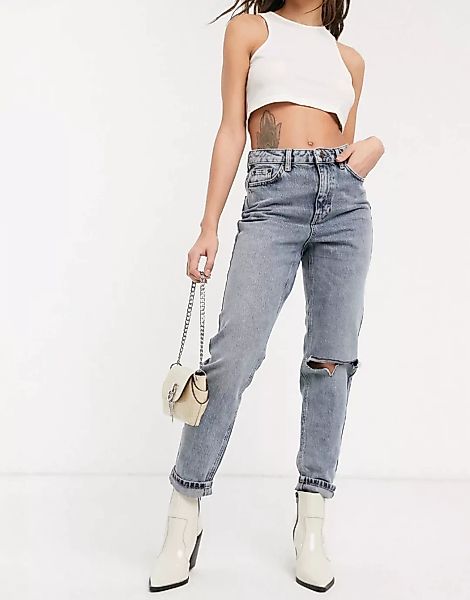 Topshop – Mom-Jeans mit doppelten Knierissen in Rauch-Grau günstig online kaufen