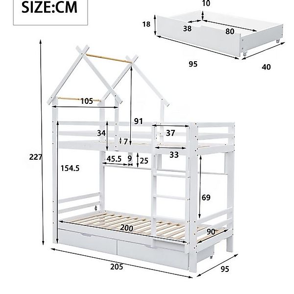 Flieks Etagenbett, Kiefer Hausbett Kinderbett mit Schubladen Regalen 90x200 günstig online kaufen