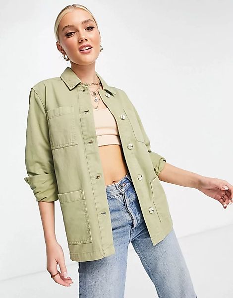 Miss Selfridge – Lange Hemdjacke in Khaki-Grün günstig online kaufen