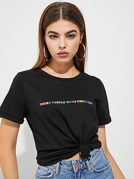 YOINS Black Round Neck Letter Kurzarm T-Shirt günstig online kaufen