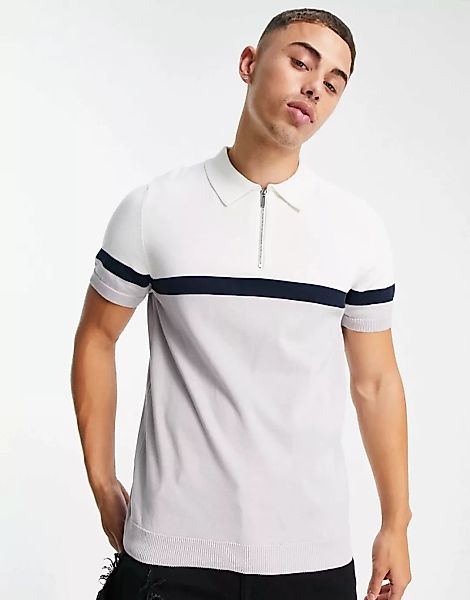 Topman – Strick-Poloshirt mit Einsätzen in Grau und Weiß günstig online kaufen