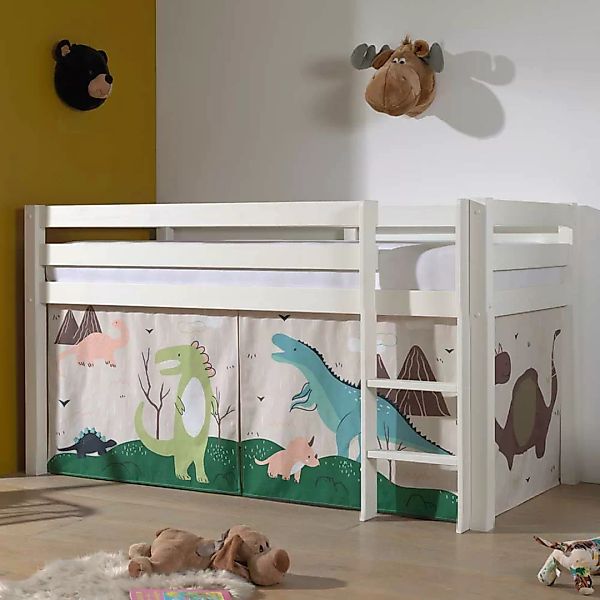 Kinderzimmer Bett aus Kiefer Massivholz Weiß mit Leiter und Dino Vorhang günstig online kaufen