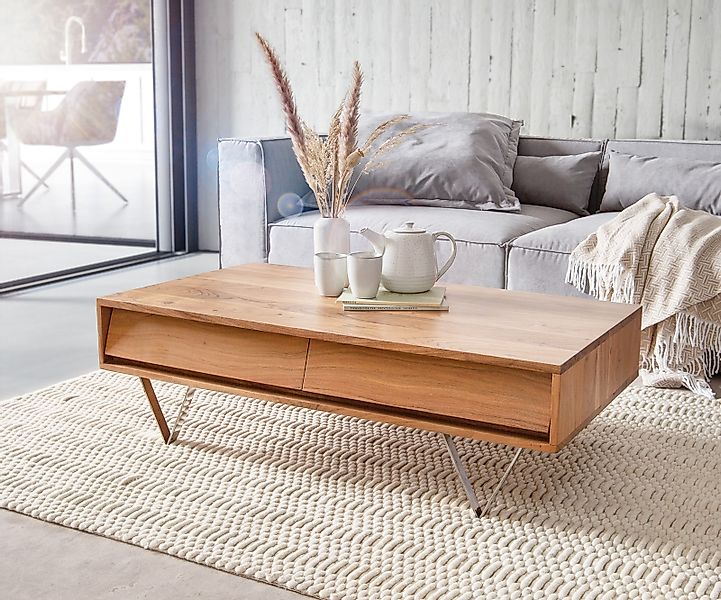 Couchtisch Eloi 115x60 cm Akazie Natur 4 Schubfächer V-Fuß Edelstahl günstig online kaufen