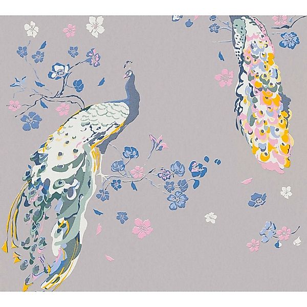 Bricoflor Pfau Tapete Grau Bunt Romantische Blumentapete mit Vögeln Ideal f günstig online kaufen