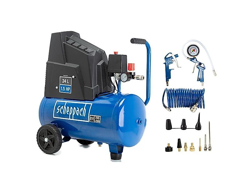 Scheppach Kompressor HC25o, 1100 W, max. 8 bar, 24 l, Set, 14 tlg., ölfrei günstig online kaufen