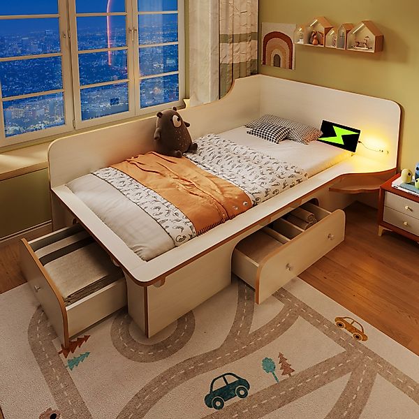 Flieks Kinderbett, Holzbett 90x200cm mit Nachtlicht, günstig online kaufen