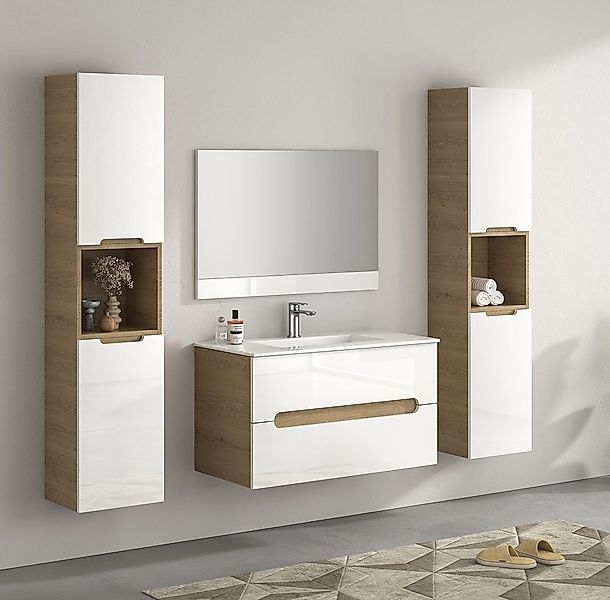 Faizee Möbel Badmöbel-Set 90cm Hochglanz Weiß inkl. Waschbecken&LED-Beleuch günstig online kaufen