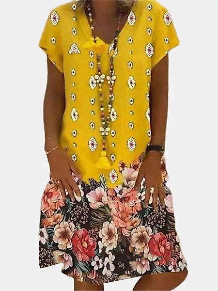 Vintage Blumendruck Kurzarm Midi Kleid mit V-Ausschnitt günstig online kaufen