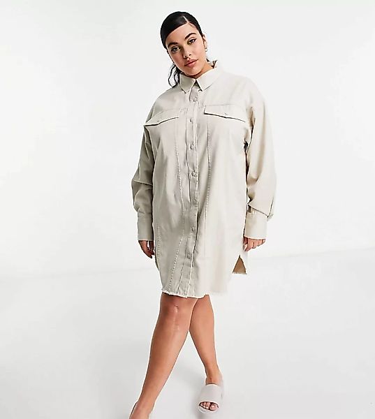 COLLUSION Plus – Mini-Hemdkleid mit Fransensaum in Beige-Neutral günstig online kaufen