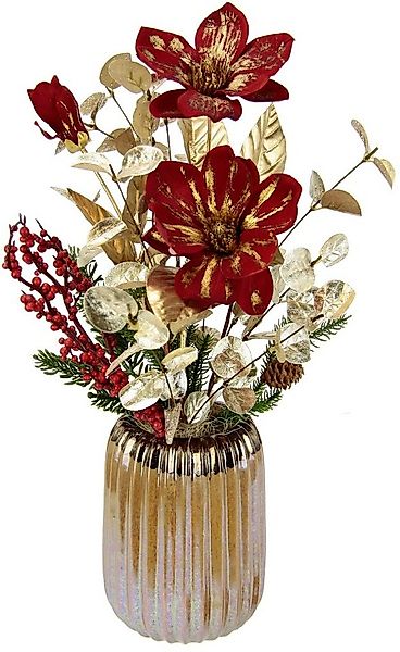 Winterliche Kunstpflanze Gesteck mit Magnolie in Keramikvase, Weihnachtsdek günstig online kaufen