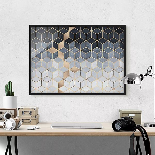 Bild mit Rahmen Abstrakt - Querformat Blau Weiß goldene Geometrie günstig online kaufen