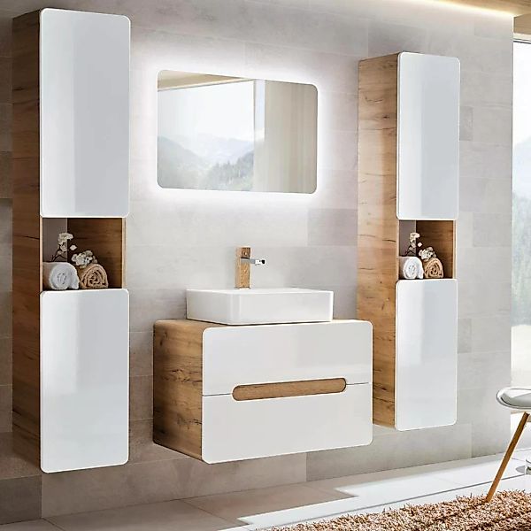 Lomadox Badezimmermöbel Set mit Keramik-Waschbecken LUTON-56 Hochglanz weiß günstig online kaufen