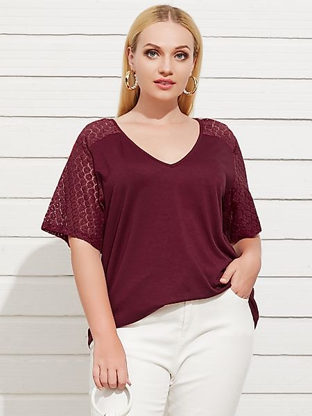 YOINS Plus Größe V-Ausschnitt Spitze Halbarm T-Shirt günstig online kaufen