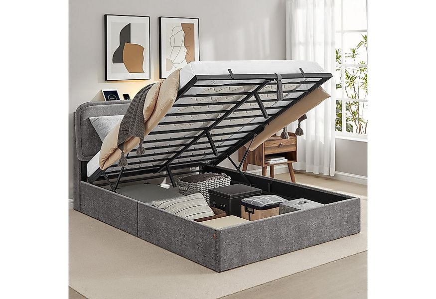 VASAGLE Polsterbett (140 x 190 cm), Hydraulisches Stauraumbett, LED, Ladest günstig online kaufen