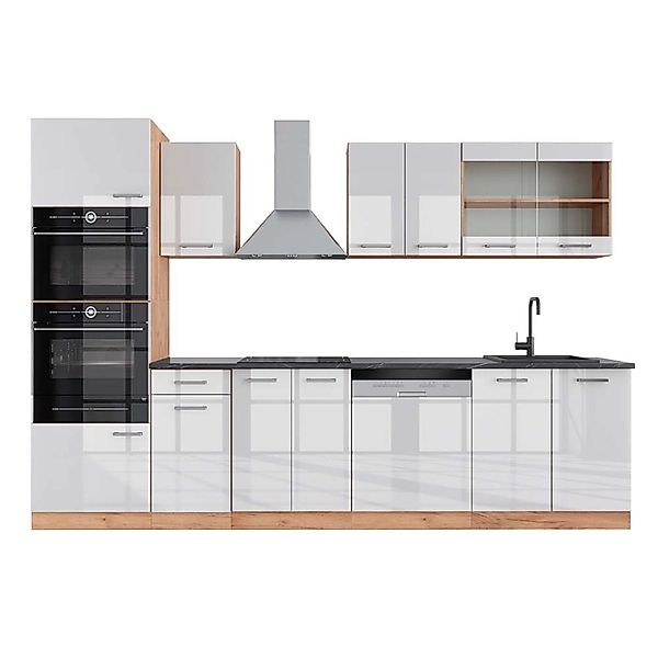 Vicco R-Line Küchenzeile Weiß Hochglanz/Goldkraft Eiche 300 cm mit Hochschr günstig online kaufen
