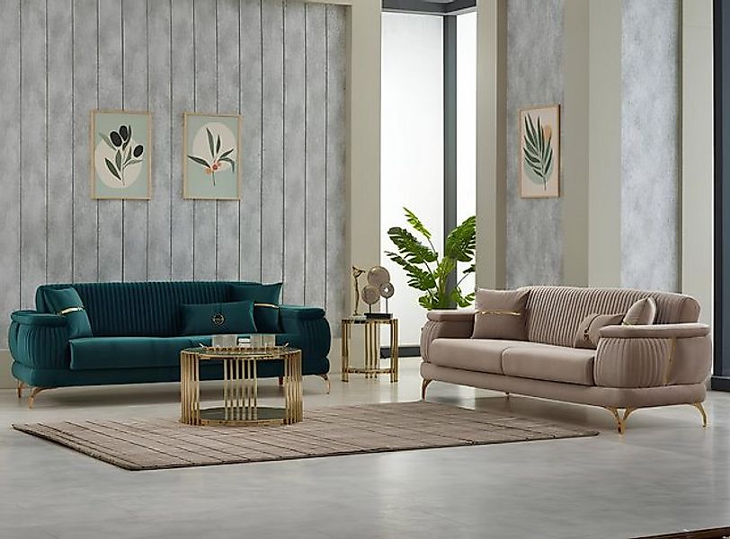 JVmoebel Sofa Couchgarnitur Dreisitzer Polstersofa Stoffsofa 2tlg Grün Beig günstig online kaufen