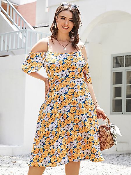 YOINS Plus Größe Cold Shoulder Tropical Backless Design Midi Kleid günstig online kaufen