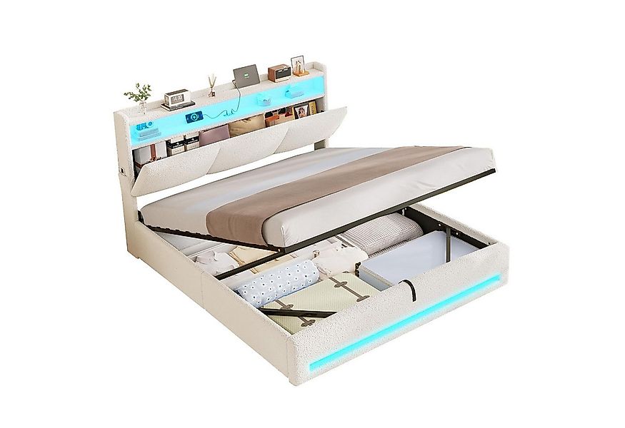 MSMASK Polsterbett mit Steckdosen und LED-Beleuchtung, Doppelbett mit Staur günstig online kaufen