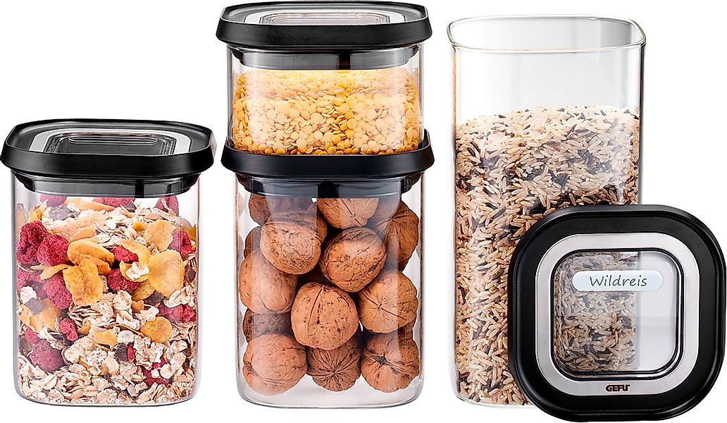 GEFU Vorratsglas "PANTRY" Set, 4 Vorratsgläser, 4 Deckel, 8 tlg. Stapelbar, günstig online kaufen