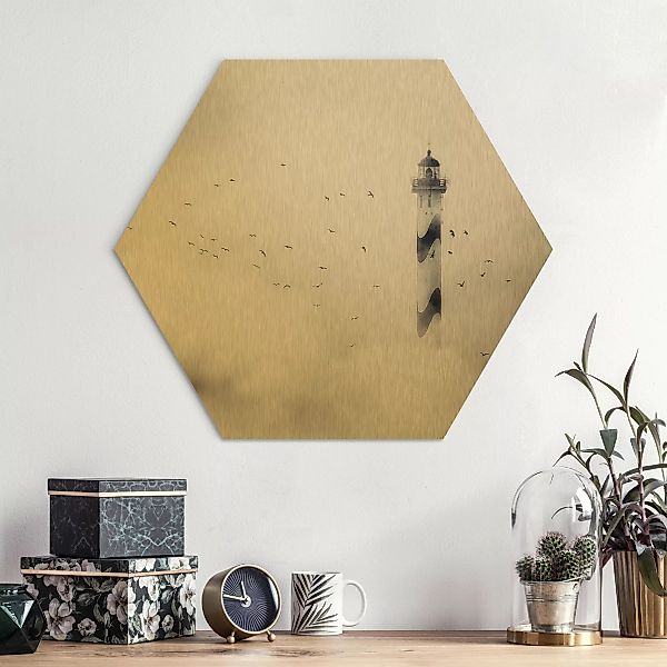 Hexagon-Alu-Dibond Bild Tiere Leuchtturm im Nebel günstig online kaufen
