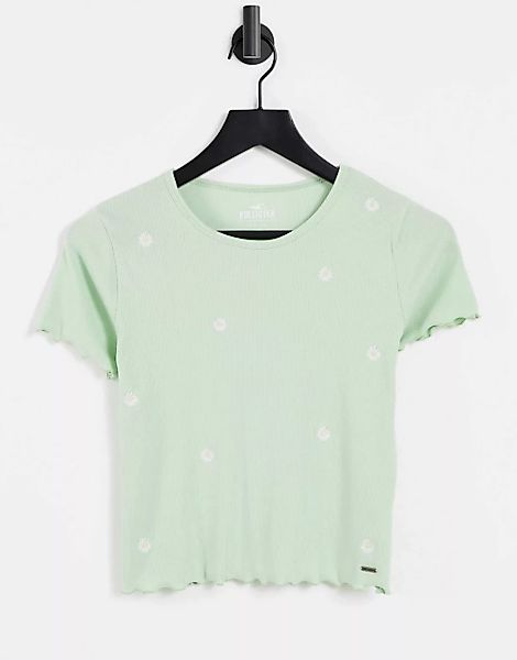 Hollister – T-Shirt mit kurzen Ärmeln und gekräuseltem Saum in Grün mit Blu günstig online kaufen